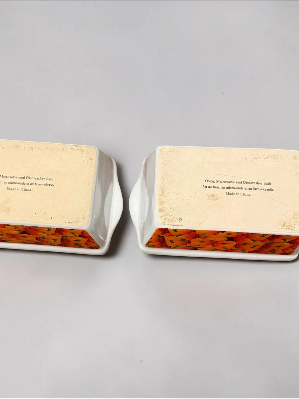 White Ceramic Ramekin Set with Orange Floral Border - Set of 2